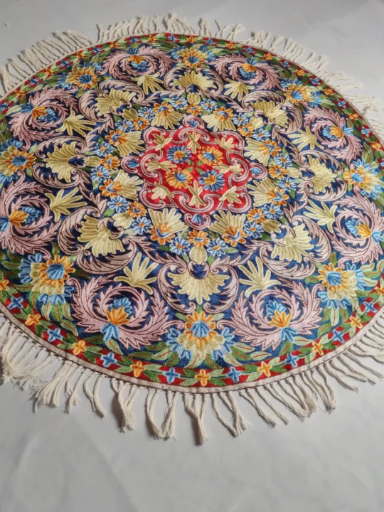 Kashmiri Round Rug with Hand Chain Stitch Embroidery