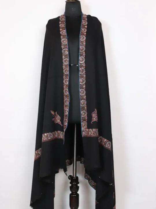 Mens Shawl in Black Cashmilon Wool with Hand Sozni Work