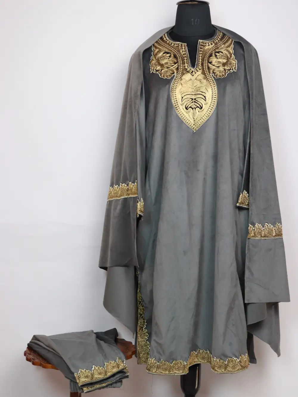 Grey Kashmiri Loose Pheran Set in Velvet with Zari Tilla Embroidery