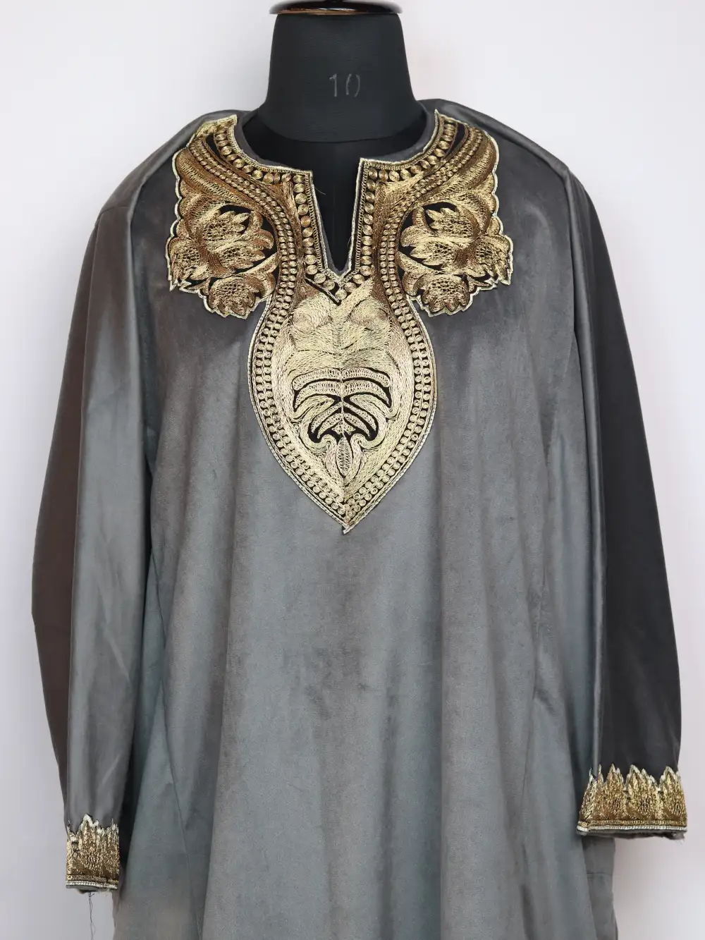 Grey Kashmiri Party Wear Loose Pheran Set in Velvet with Zari Tilla Embroidery - Image 2