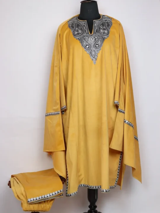 Yellow Hafizah Loose Pheran Set in Velvet with Zari Tilla Embroidery
