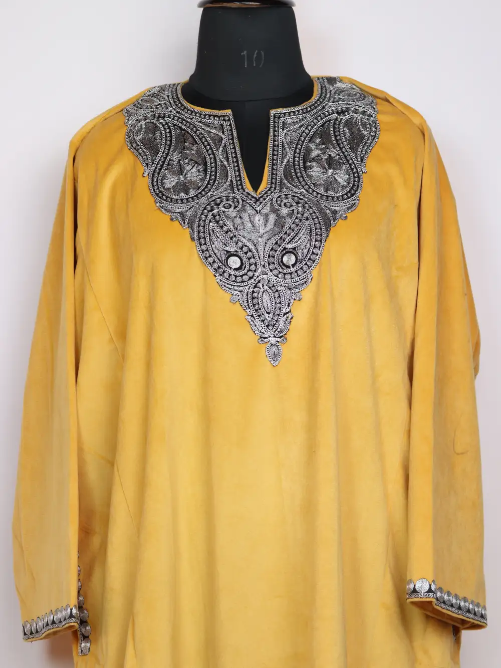 Yellow Hafizah Loose Party Wear Pheran Set in Velvet with Zari Tilla Embroidery - Image 2