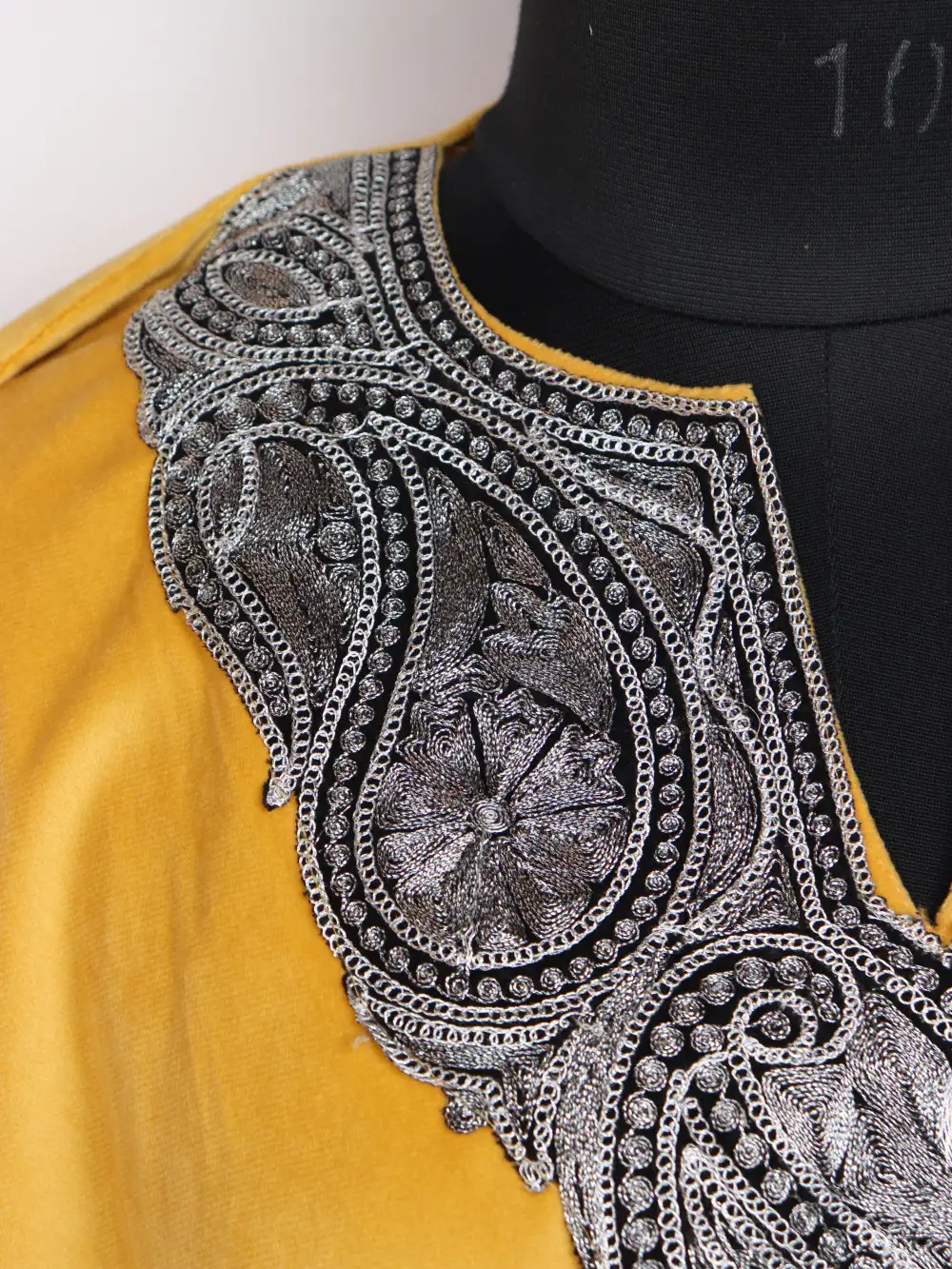 Yellow Hafizah Loose Party Wear Pheran Set in Velvet with Zari Tilla Embroidery - Image 3