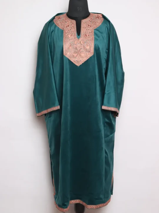Loose Sea Green Zari Tilla Embroidered Loose Pheran in Velvet