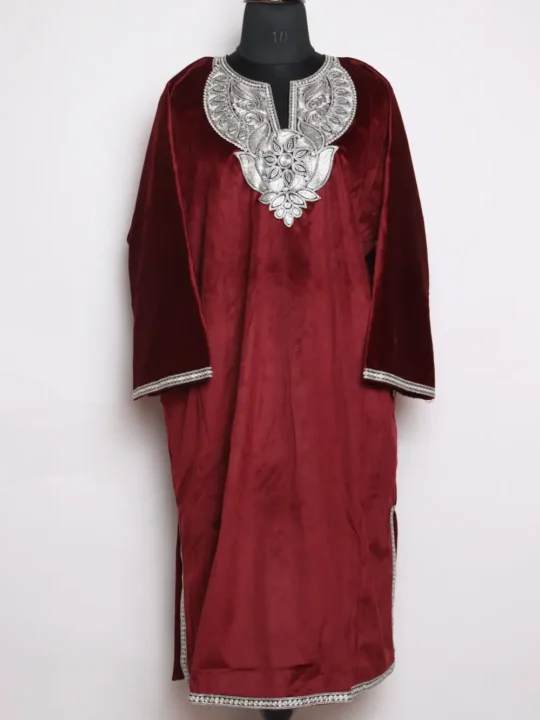 Wine Zari Tilla Embroidered Loose Lubna Pheran in Velvet