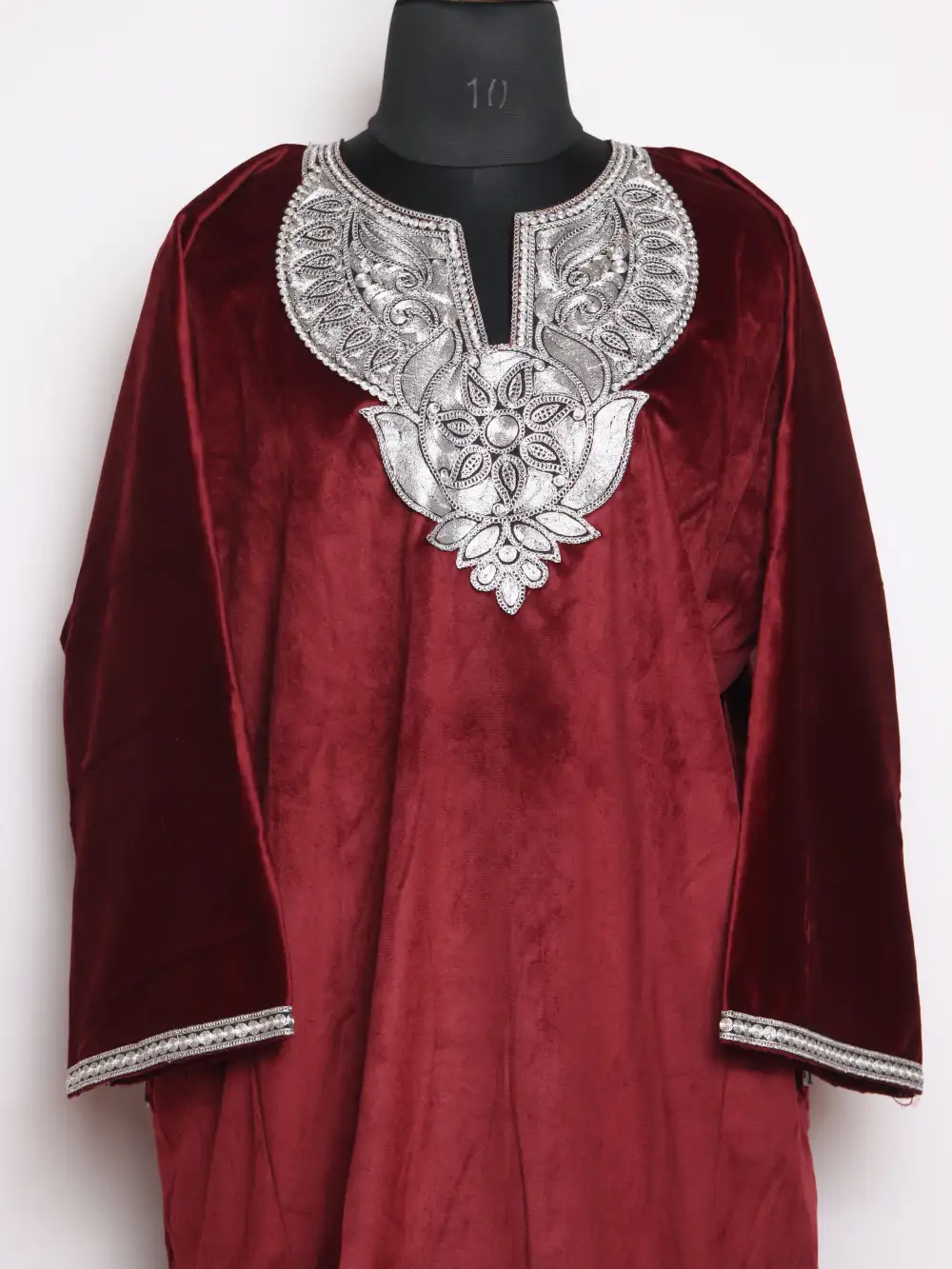Wine Zari Tilla Embroidered Loose Lubna Pheran in Velvet - Image 2