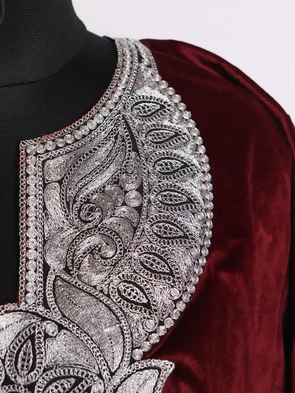 Wine Zari Tilla Embroidered Loose Lubna Pheran in Velvet - Image 3