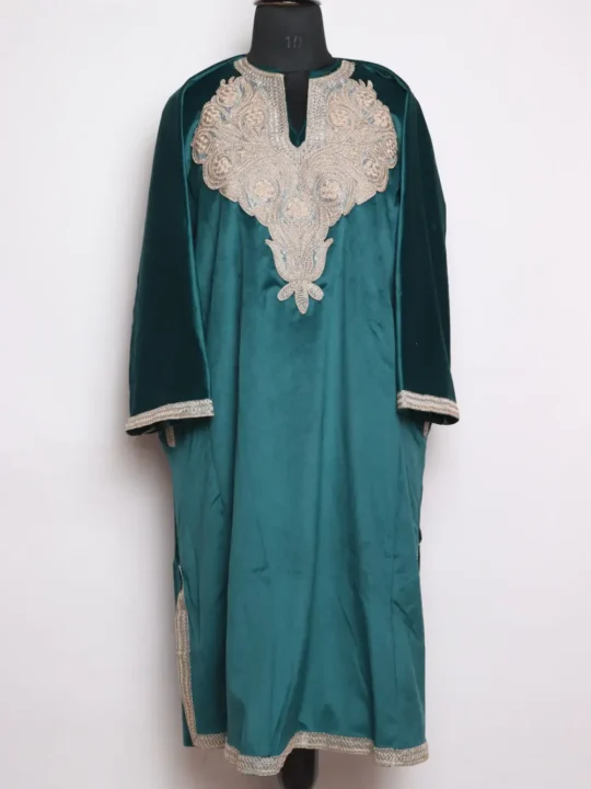 Velvet Samra Sea Green Pheran with Zari Tilla Embroidery