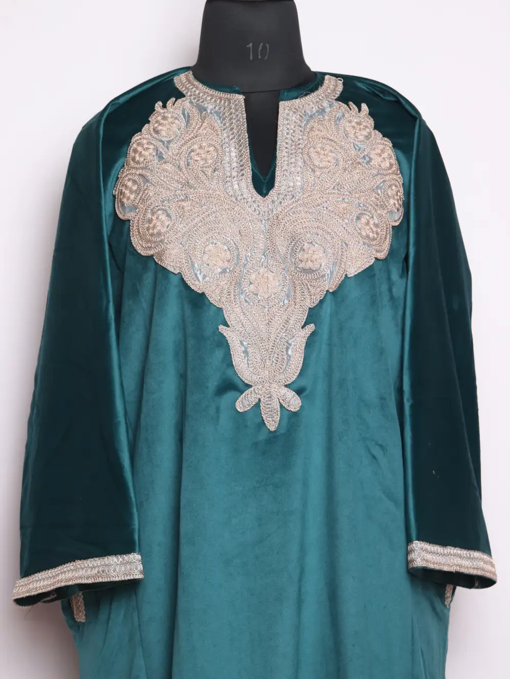 Velvet Samra Sea Green Pheran with Zari Tilla Embroidery - Image 2