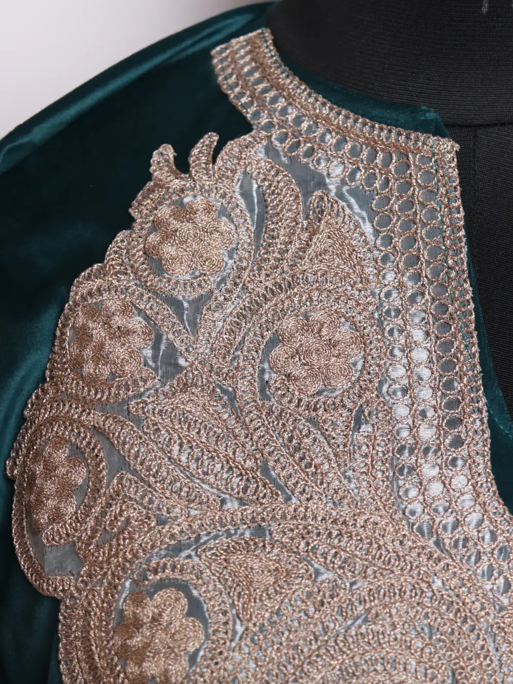 Velvet Samra Sea Green Pheran with Zari Tilla Embroidery - Image 3