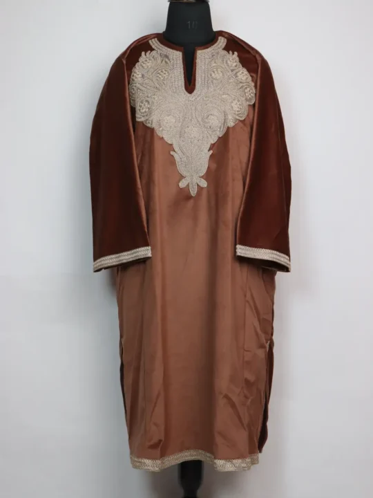 Brown Velvet Yumna Pheran with Zari Tilla Embroidery