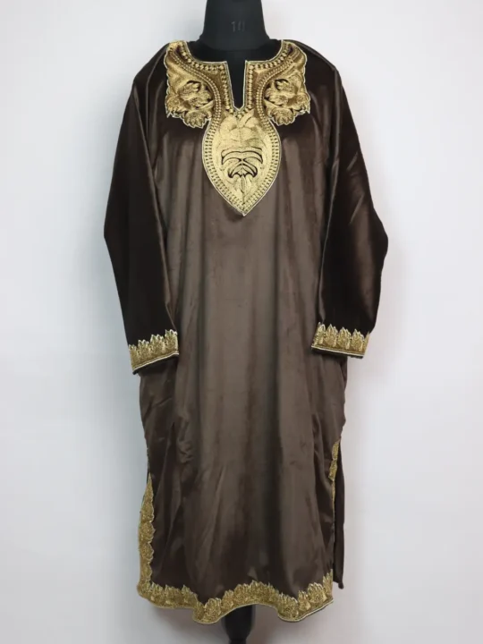 Iffat Velvet Chocolate Brown Loose Pheran with Zari Tilla Embroidery