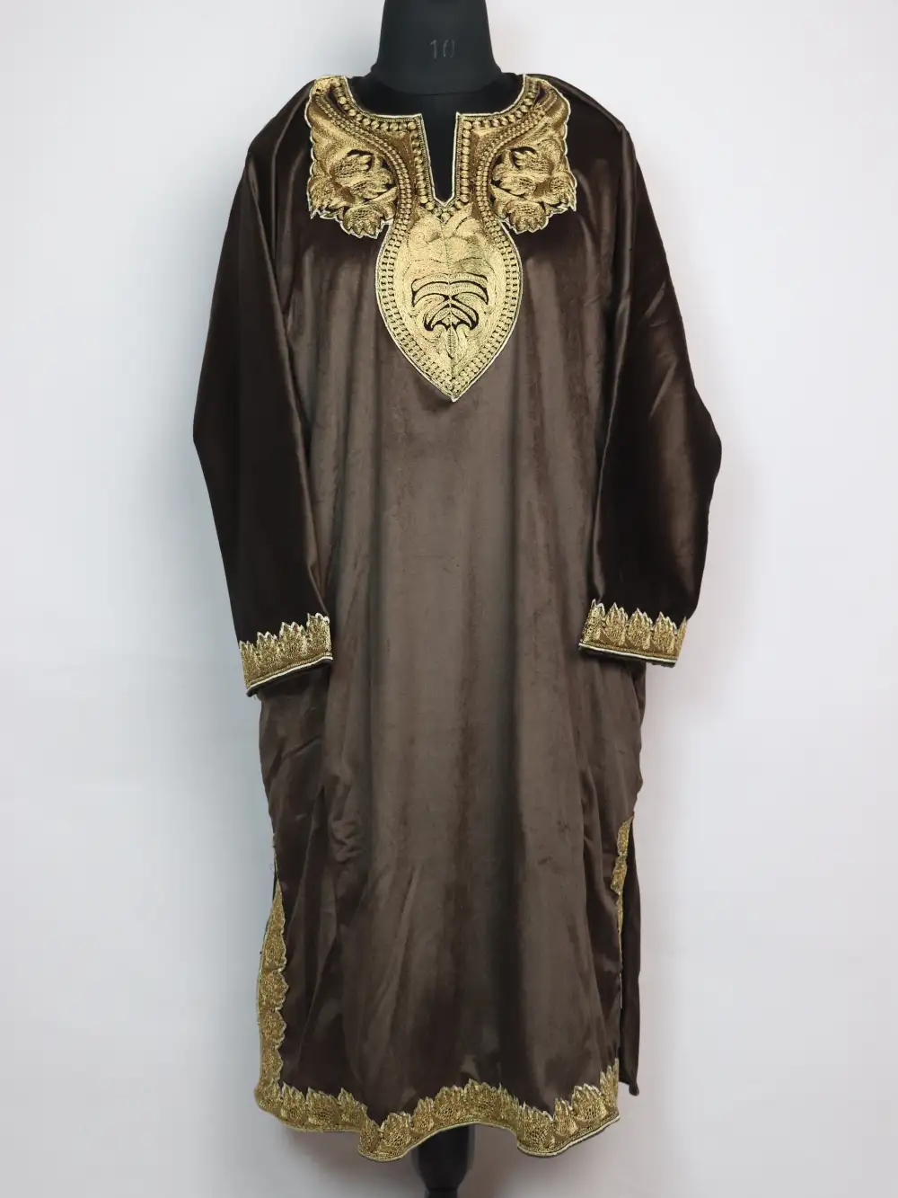 Iffat Velvet Chocolate Brown Loose Pheran with Zari Tilla Embroidery