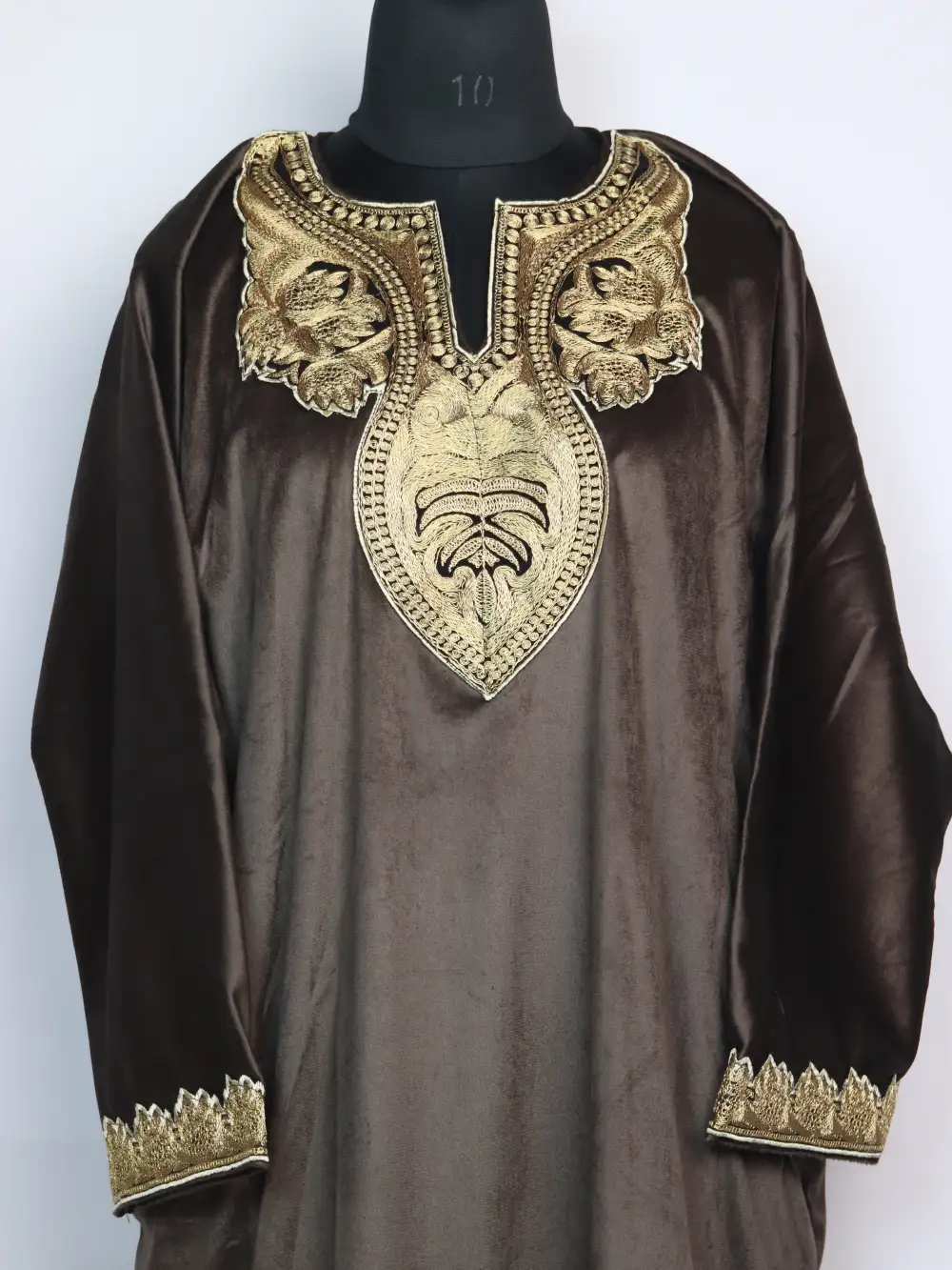 Iffat Velvet Chocolate Brown Loose Pheran with Zari Tilla Embroidery - Image 2