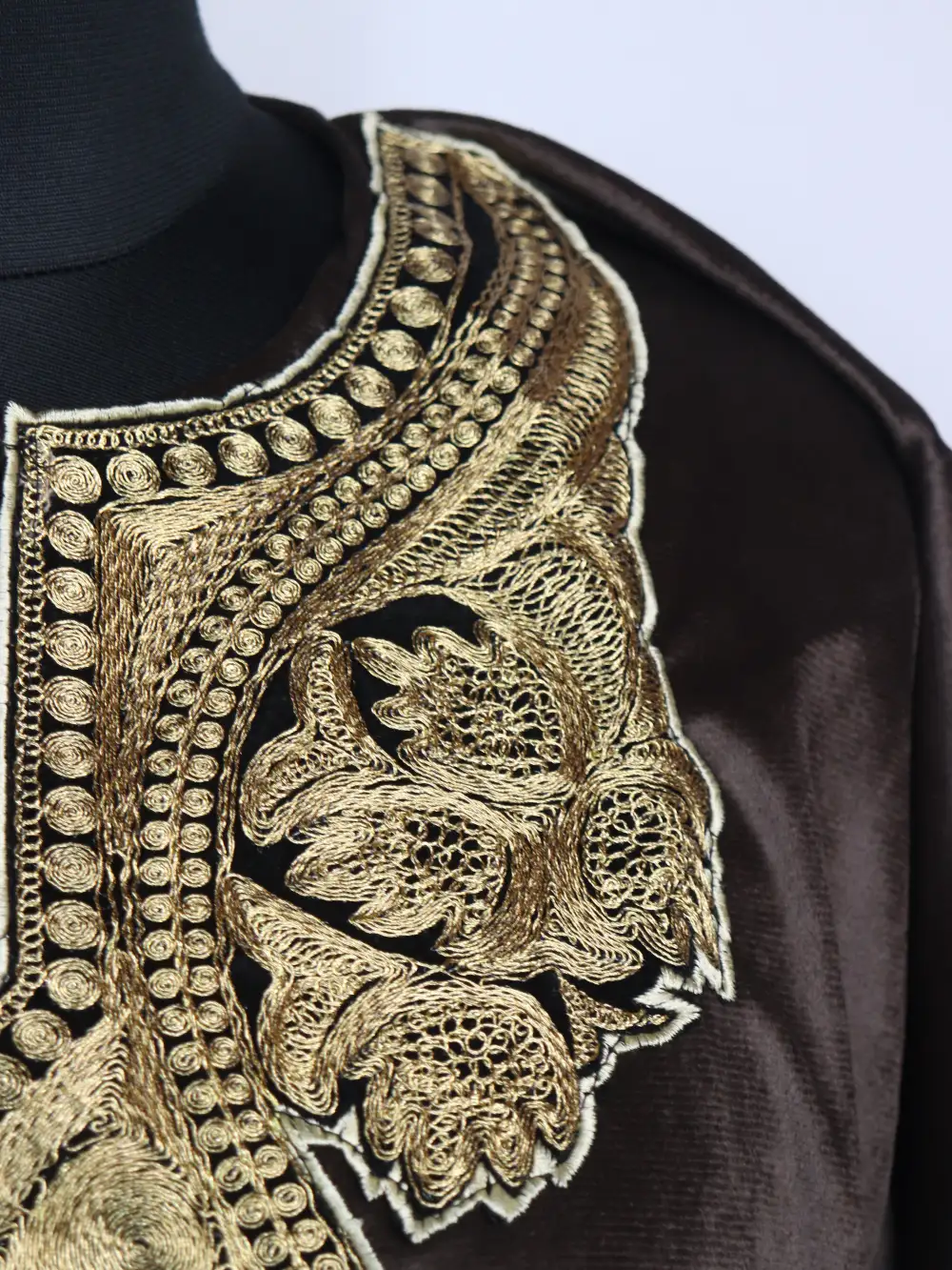 Iffat Velvet Chocolate Brown Loose Pheran with Zari Tilla Embroidery - Image 3