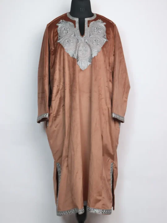 Shifa Velvet Brown Loose Pheran with Zari Tilla Embroidery
