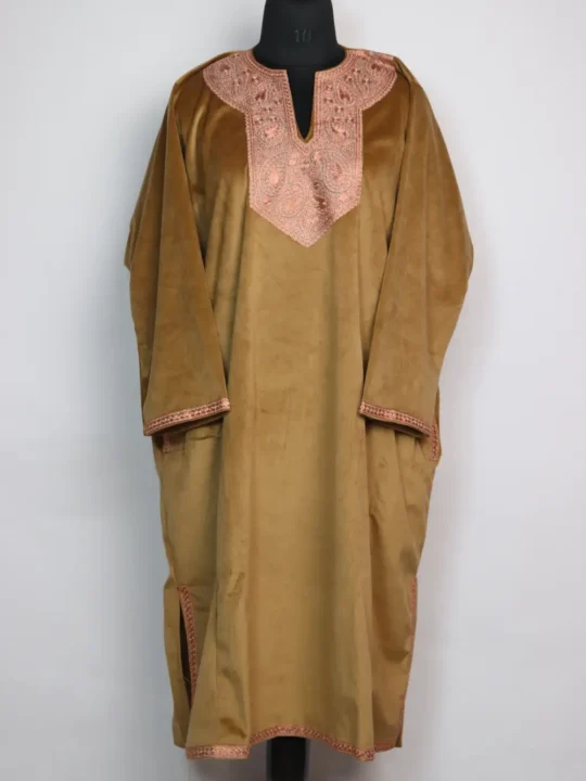 Velvet Beige Loose Aymah Pheran with Zari Tilla Embroidery