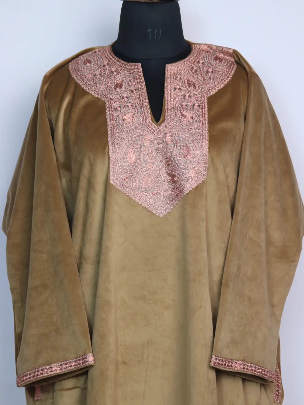 Velvet Beige Loose Aymah Pheran with Zari Tilla Embroidery - Image 2