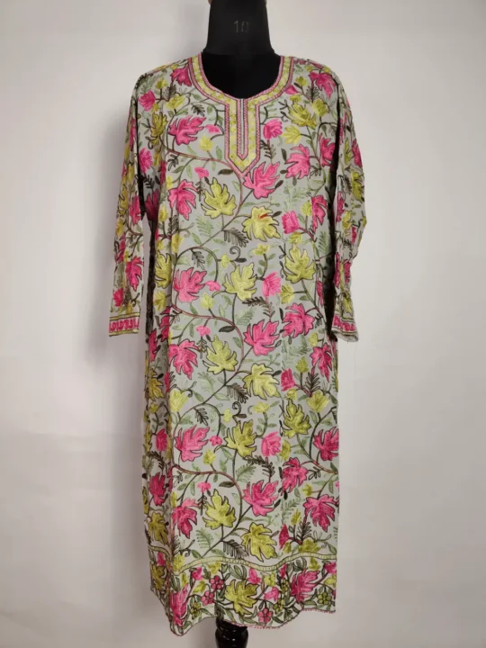 Long Georgette Grey Kurti Mahnoor with Chinar Front Back Aari Embroidery