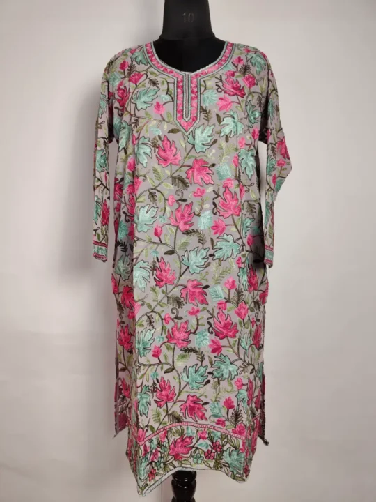 Georgette Long Pink Kurti with Chinar Front Back Aari Embroidery Gulnaz