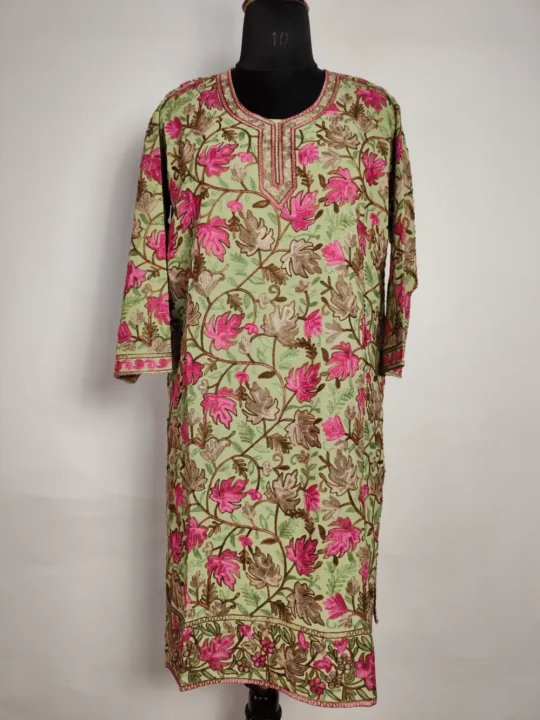 Green Ruqaiya Long Kurti in Georgette with Chinar Front Back Aari Embroidery