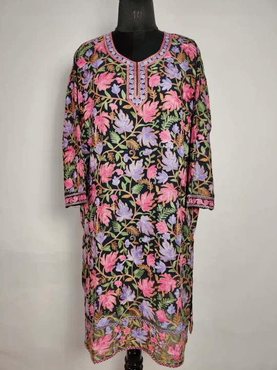 Meher Black Long Georgette Kurti with Chinar Front Back Aari Work