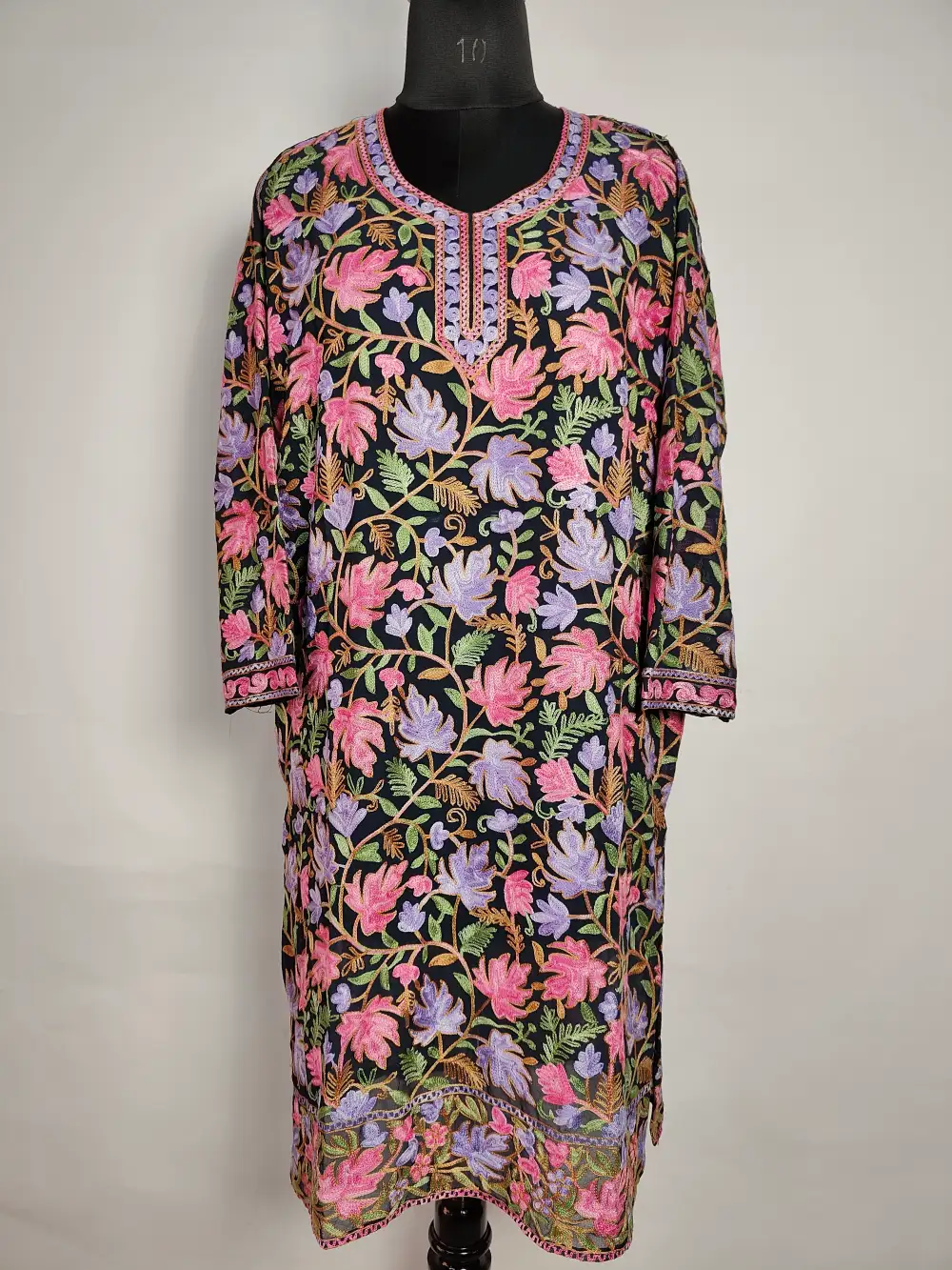 Meher Black Long Georgette Kurti with Chinar Front Back Aari Work