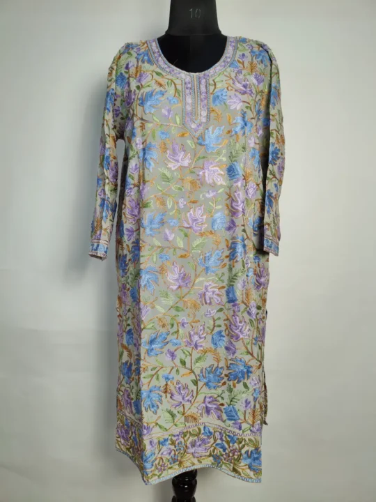 Grey Zareen Chinar Front Back Aari Embroidery Long Kurti in Georgette Fabric