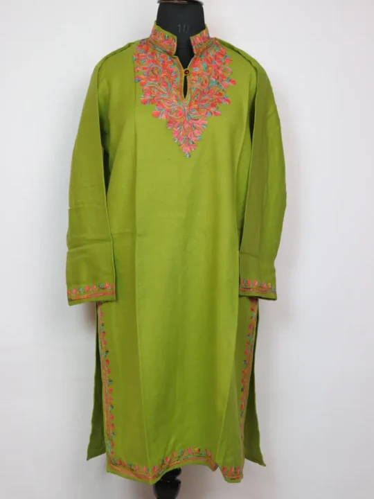 Aari Work Lime Green Nazar Long Collar Kurti in Cashmilon Wool