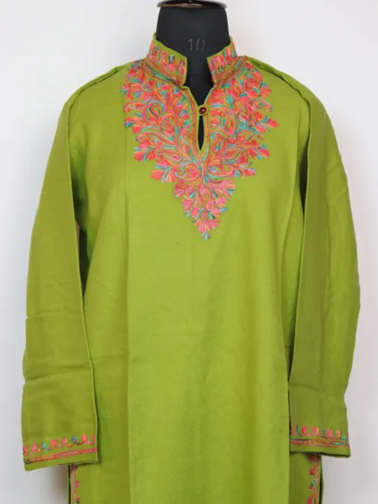 Aari Work Lime Green Nazar Long Collar Kurti in Cashmilon Wool