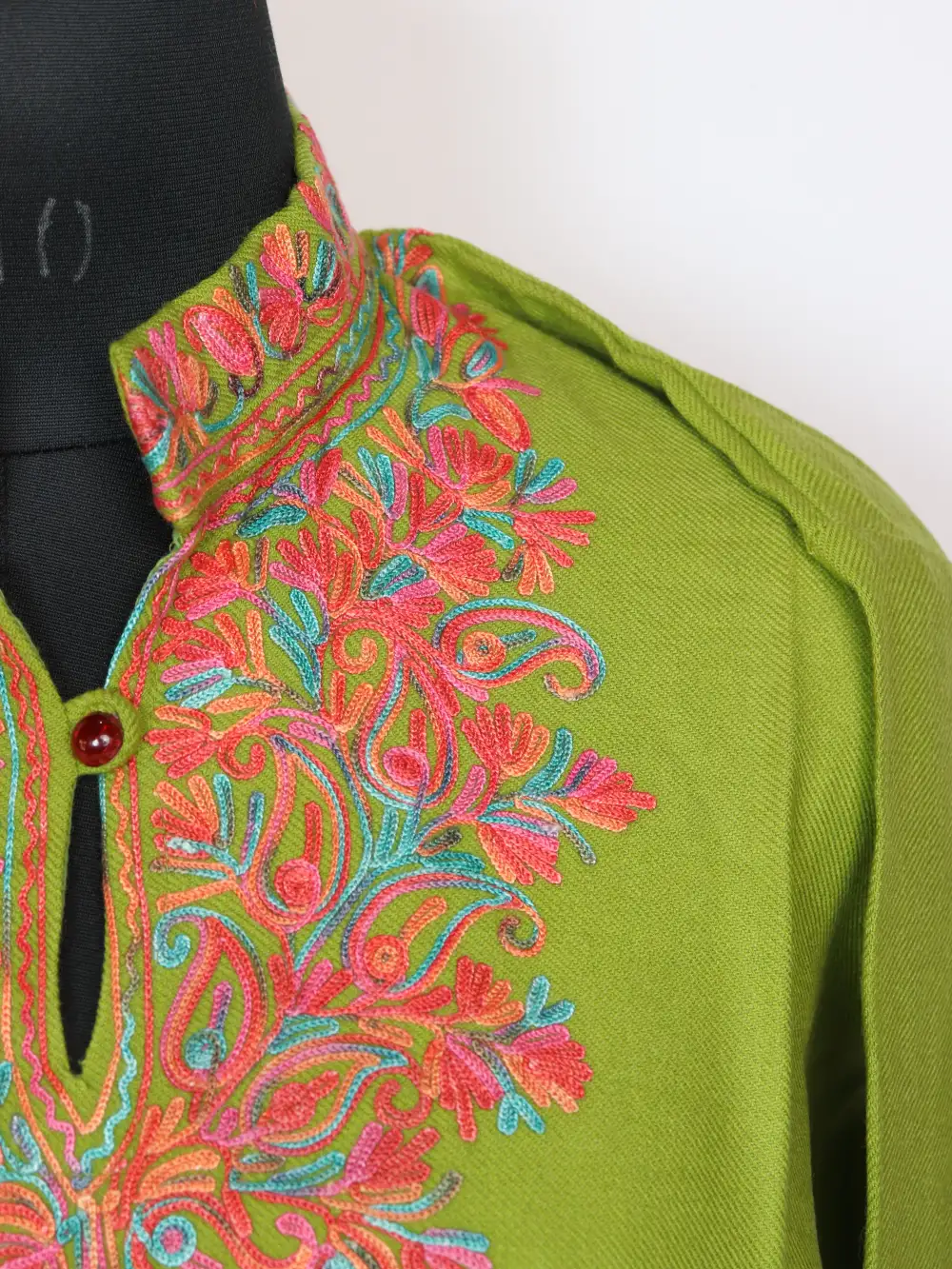 Aari Work Lime Green Nazar Long Collar Kurti in Cashmilon Wool - Image 2