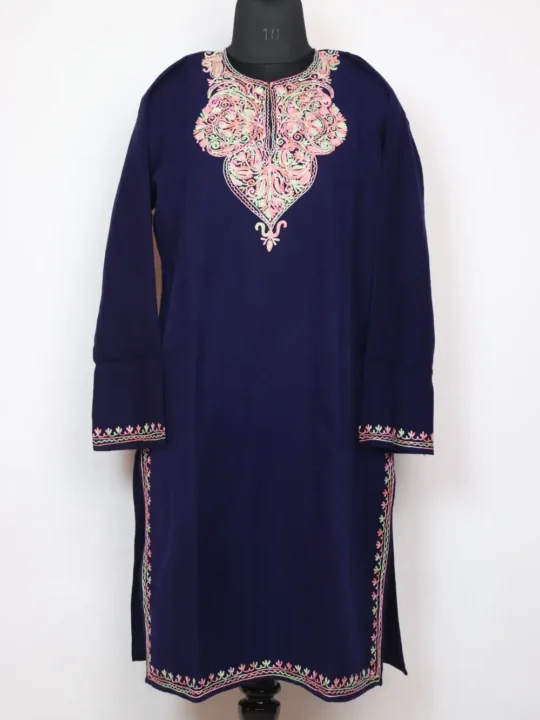 Dark Blue Aari Work Naheed Long Collar Kurti in Cashmilon Wool