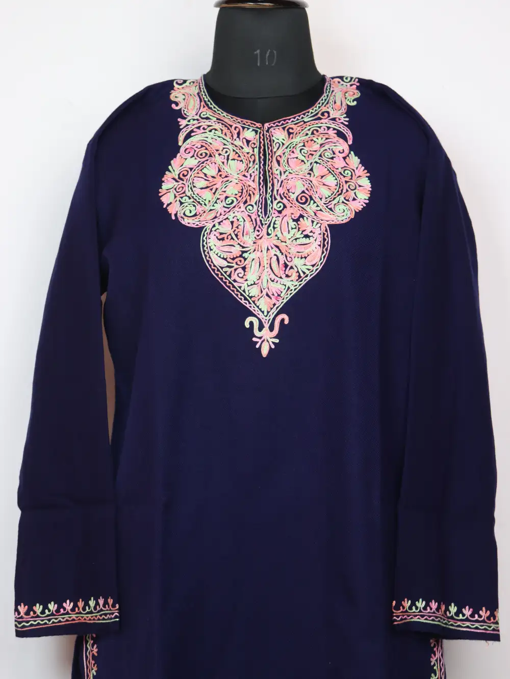 Dark Blue Aari Work Naheed Long Kurti in Cashmilon Wool - Image 2