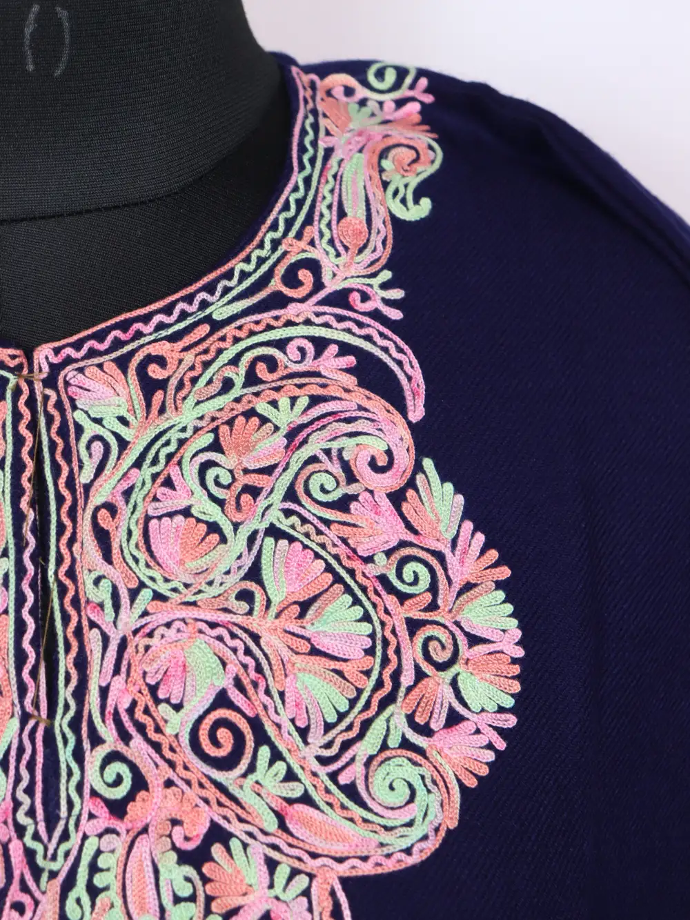 Dark Blue Aari Work Naheed Long Kurti in Cashmilon Wool - Image 3