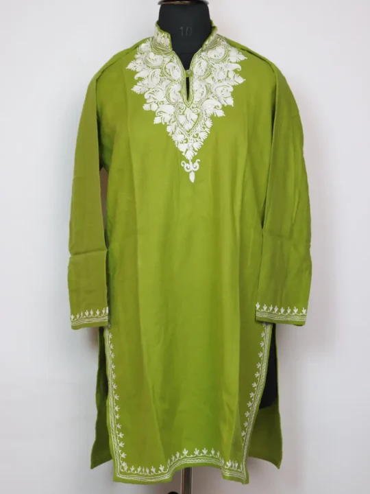 Green Basmah Aari Work Long Kurti with Collar in Cashmilon Wool