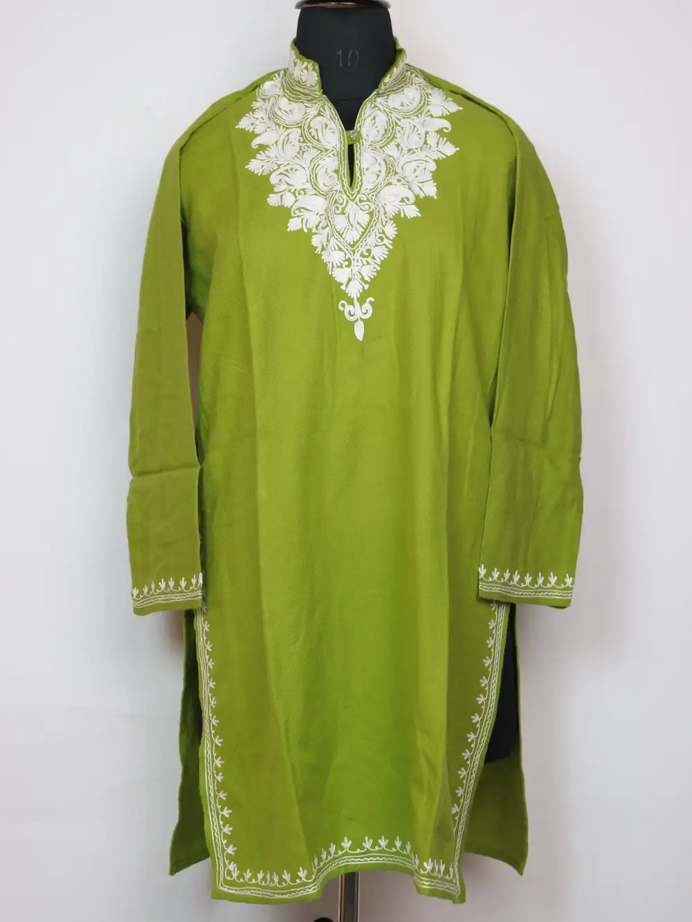 Green Basmah Aari Work Long Kurti with Collar in Cashmilon Wool