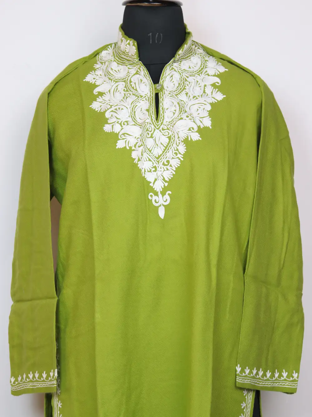 Green Basmah Aari Work Long Kurti with Collar in Cashmilon Wool - Image 2