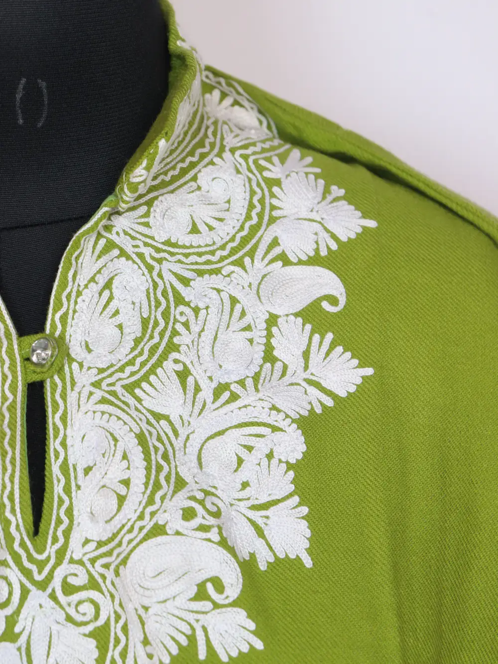 Green Basmah Aari Work Long Kurti with Collar in Cashmilon Wool - Image 3