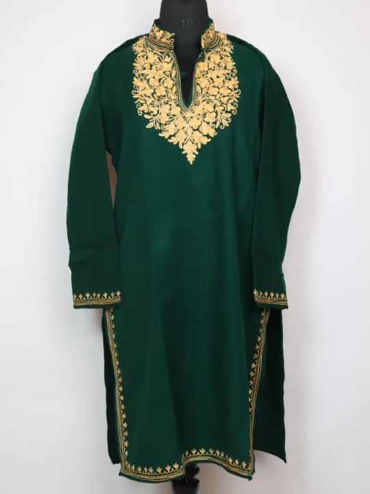 Green Basmah Aari Work Long Kurti with Collar in Cashmilon Wool