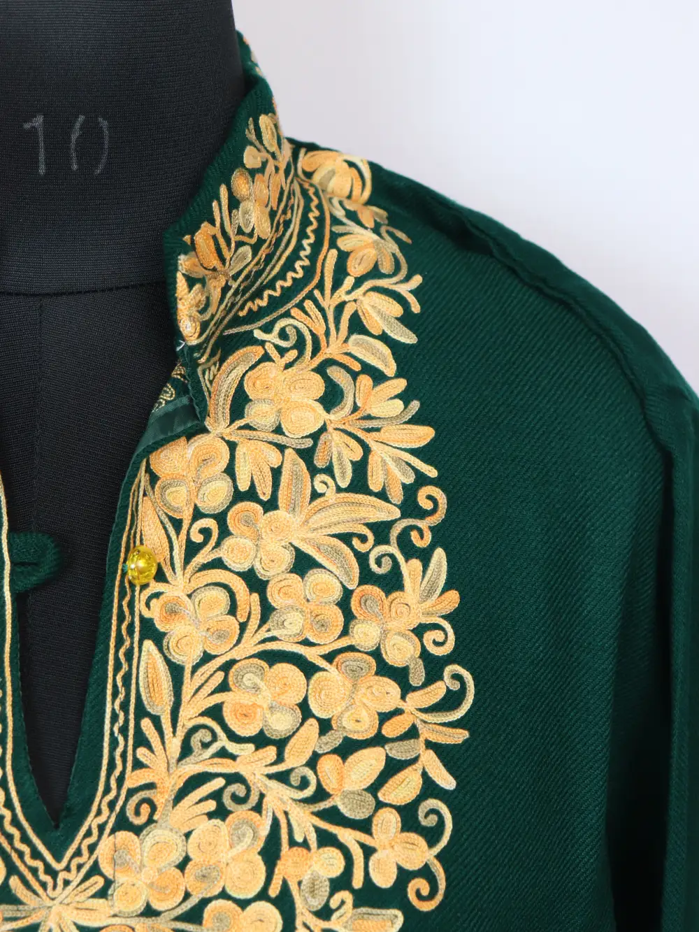 Green Basmah Aari Work Long Kurti with Collar in Cashmilon Wool - Image 3