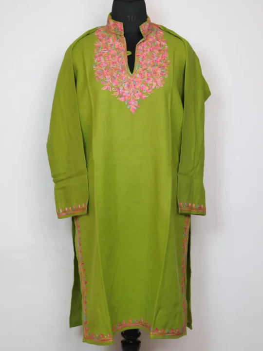 Eiman Aari Work Green Long Kurti with Collar in Cashmilon Wool