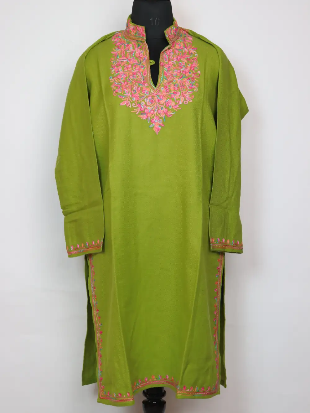 Eiman Aari Work Green Long Kurti with Collar in Cashmilon Wool