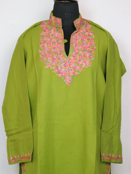 Eiman Aari Work Green Long Kurti with Collar in Cashmilon Wool