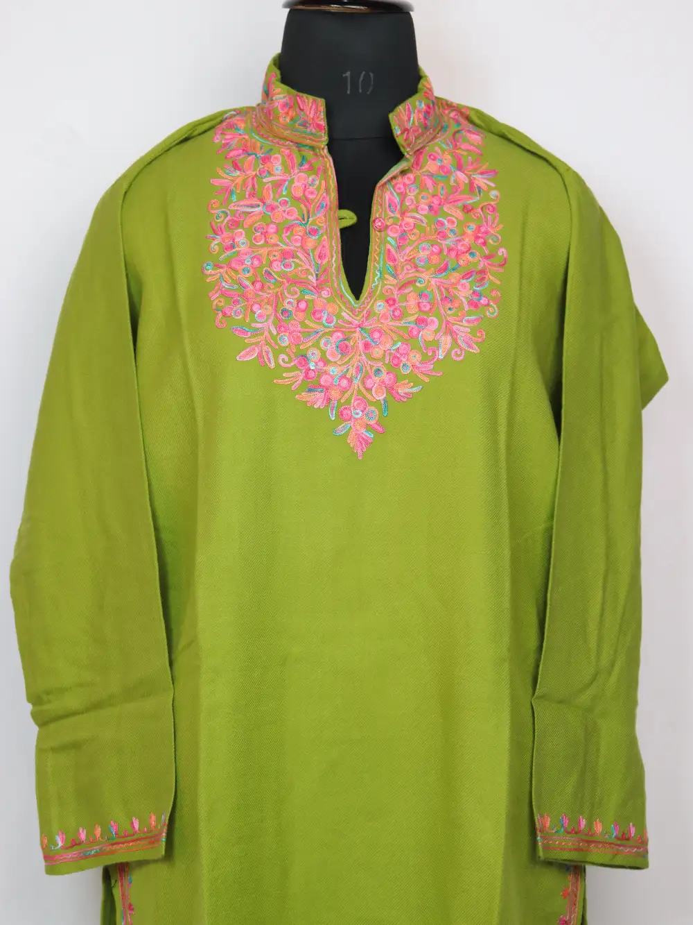 Eiman Aari Work Green Long Kurti with Collar in Cashmilon Wool