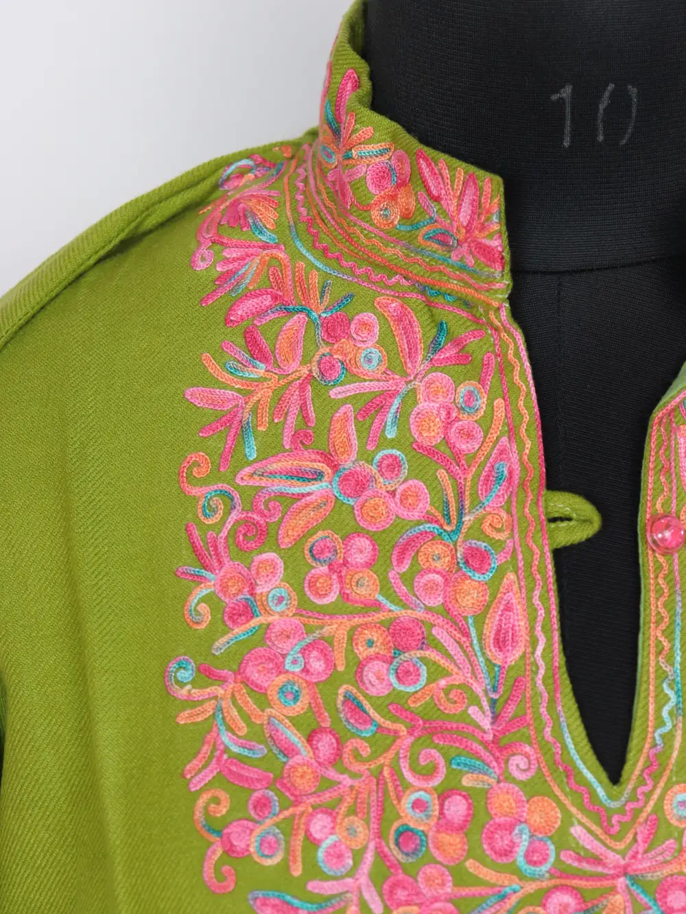 Eiman Aari Work Green Long Kurti with Collar in Cashmilon Wool - Image 3