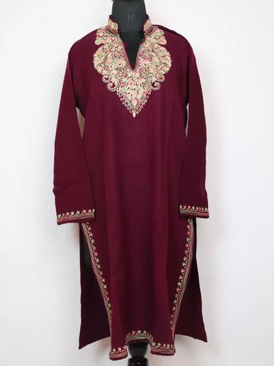 Aari Work Magenta Long Farah Kurti with Collar in Cashmilon Wool