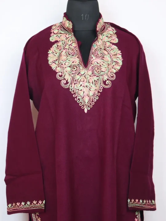 Aari Work Magenta Long Farah Collar Kurti in Cashmilon Wool
