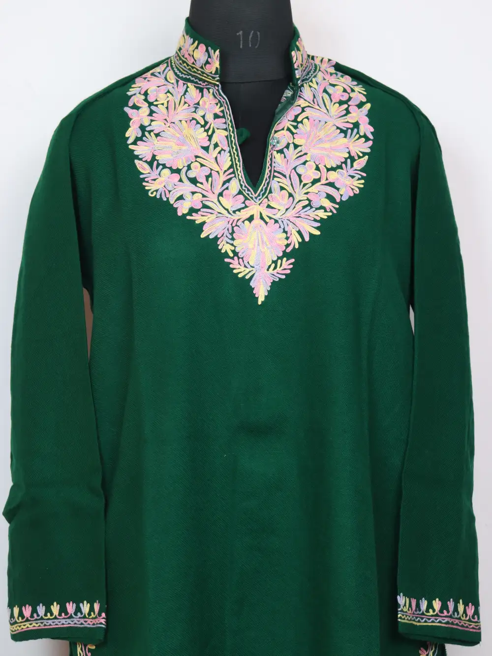 Gulbahar Aari Work Dark Green Long Collar Kurti in Cashmilon Wool