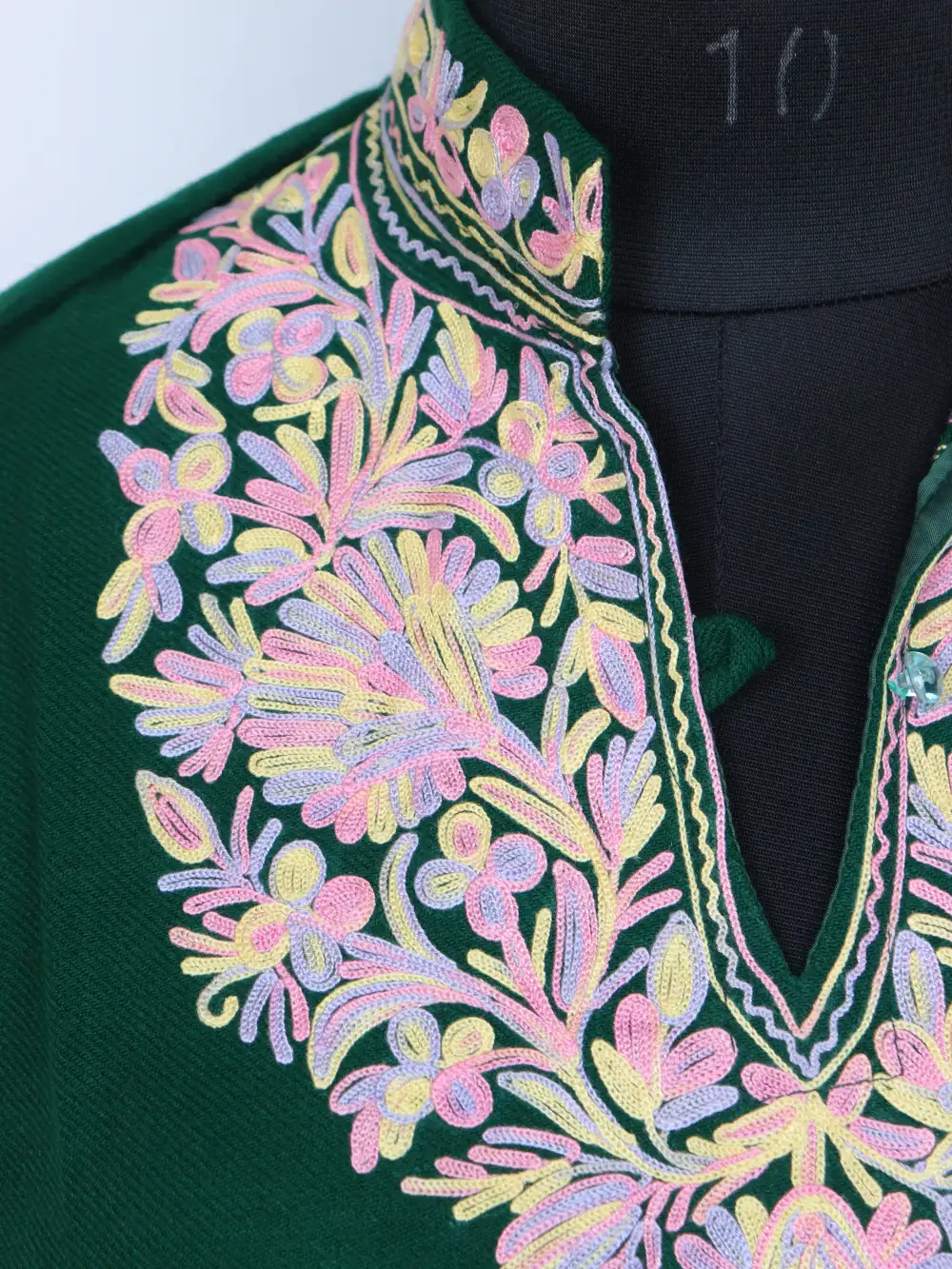 Gulbahar Aari Work Dark Green Long Collar Kurti in Cashmilon Wool - Image 3