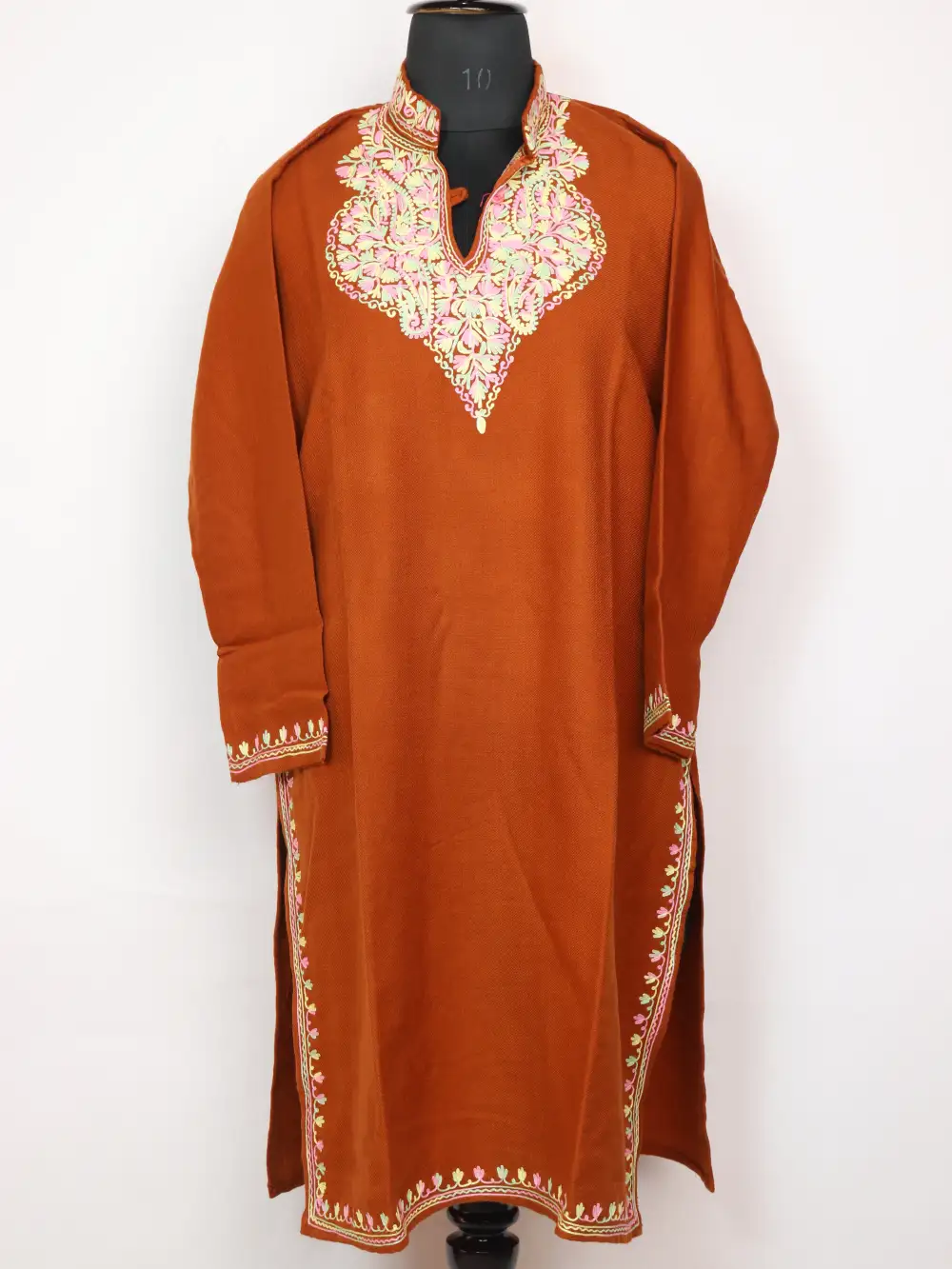 Hoor Cashmilon Aari Work Brown Woolen Long Collar Kurti